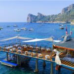 overhead shot of a restaurant on a dock over the sea