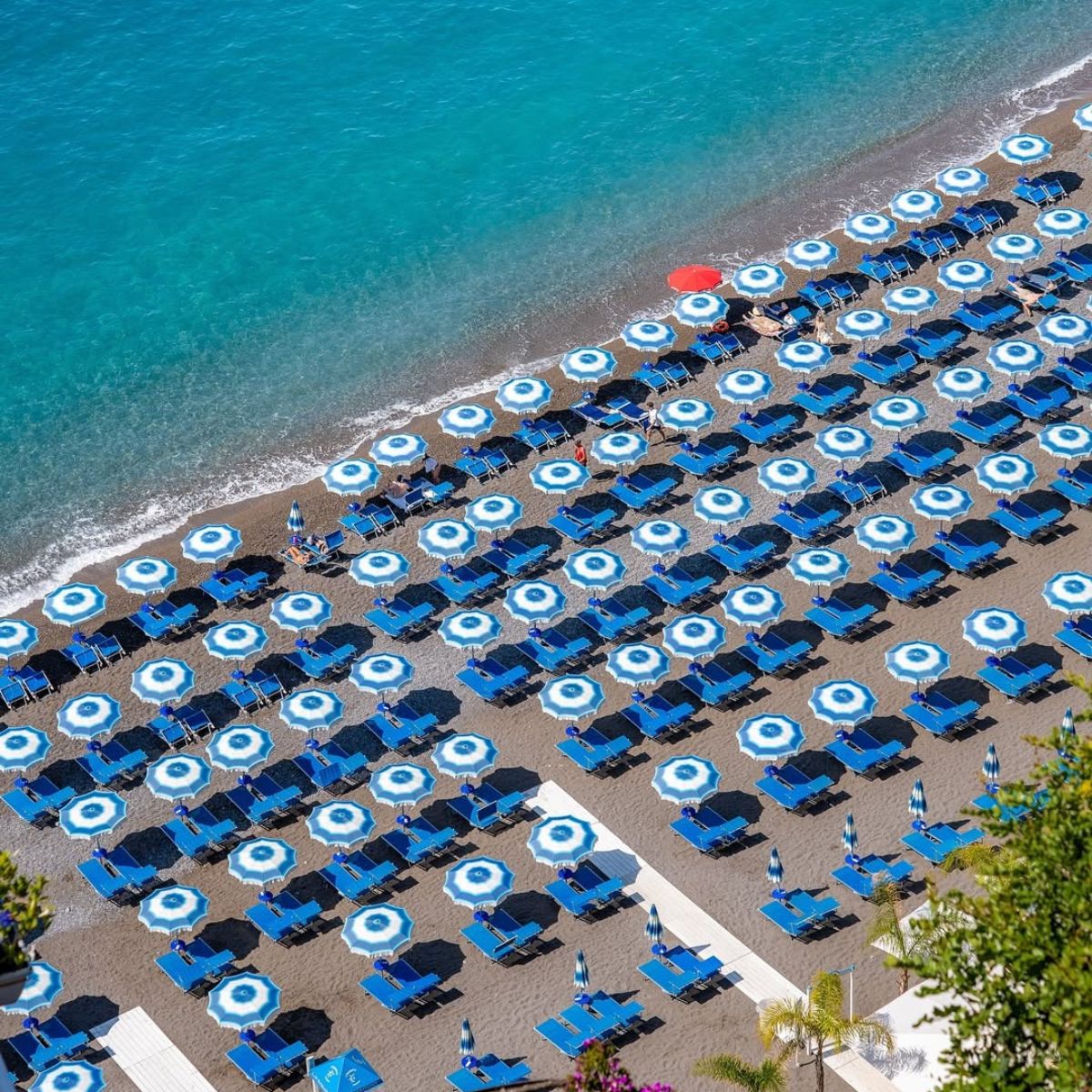 overhead shot of a beach with blue and white umbrellas