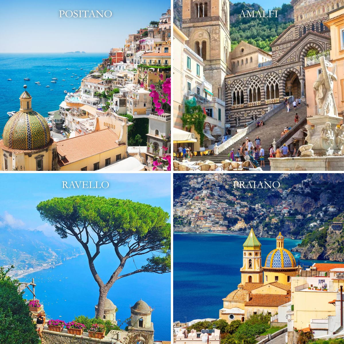 a four square showing the key towns of Amalfi Coast