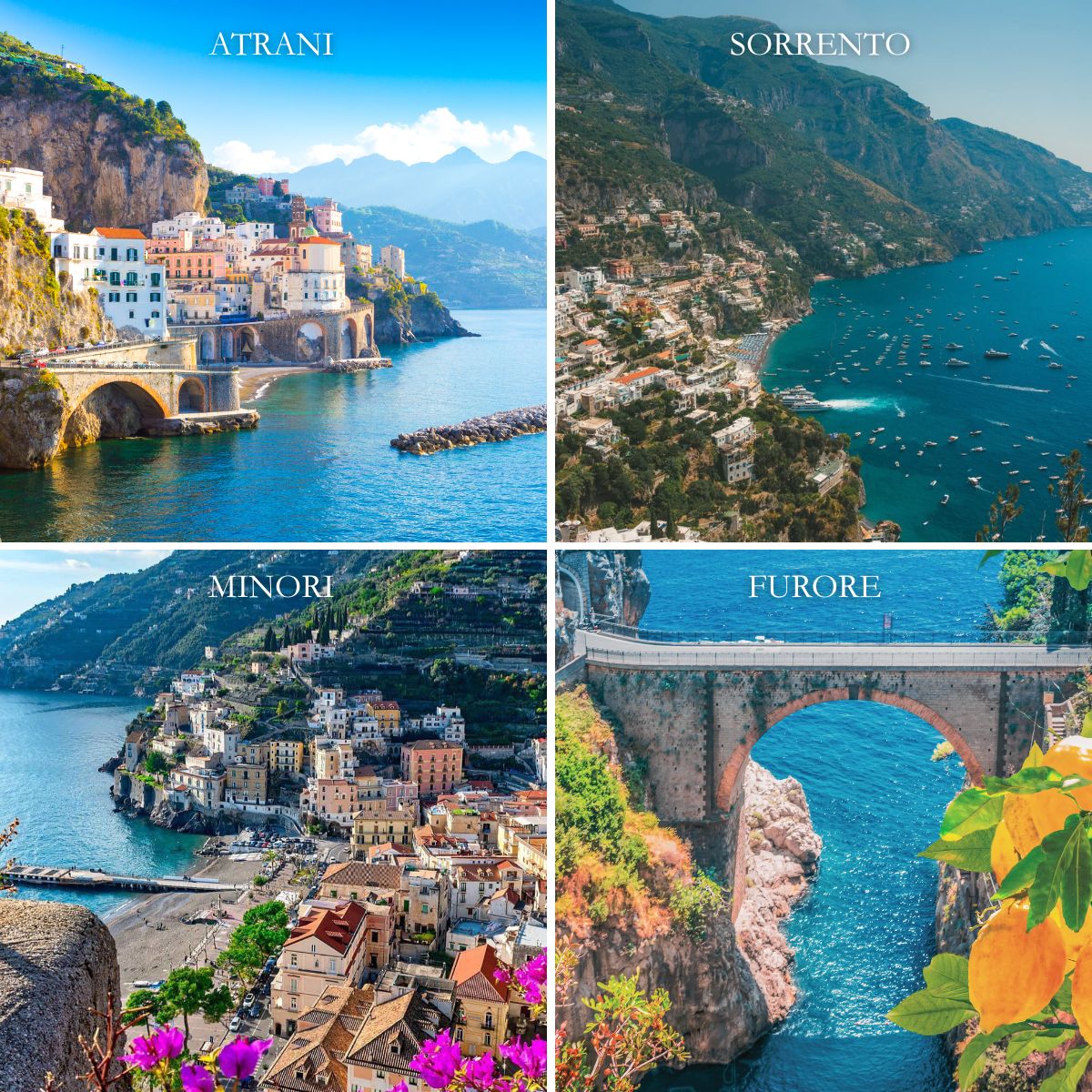 a four square showing the key towns of Amalfi Coast