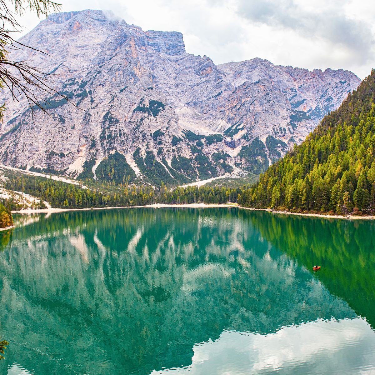 The Tre Cime di Lavaredo peaks rising above the Dolomites, Italy