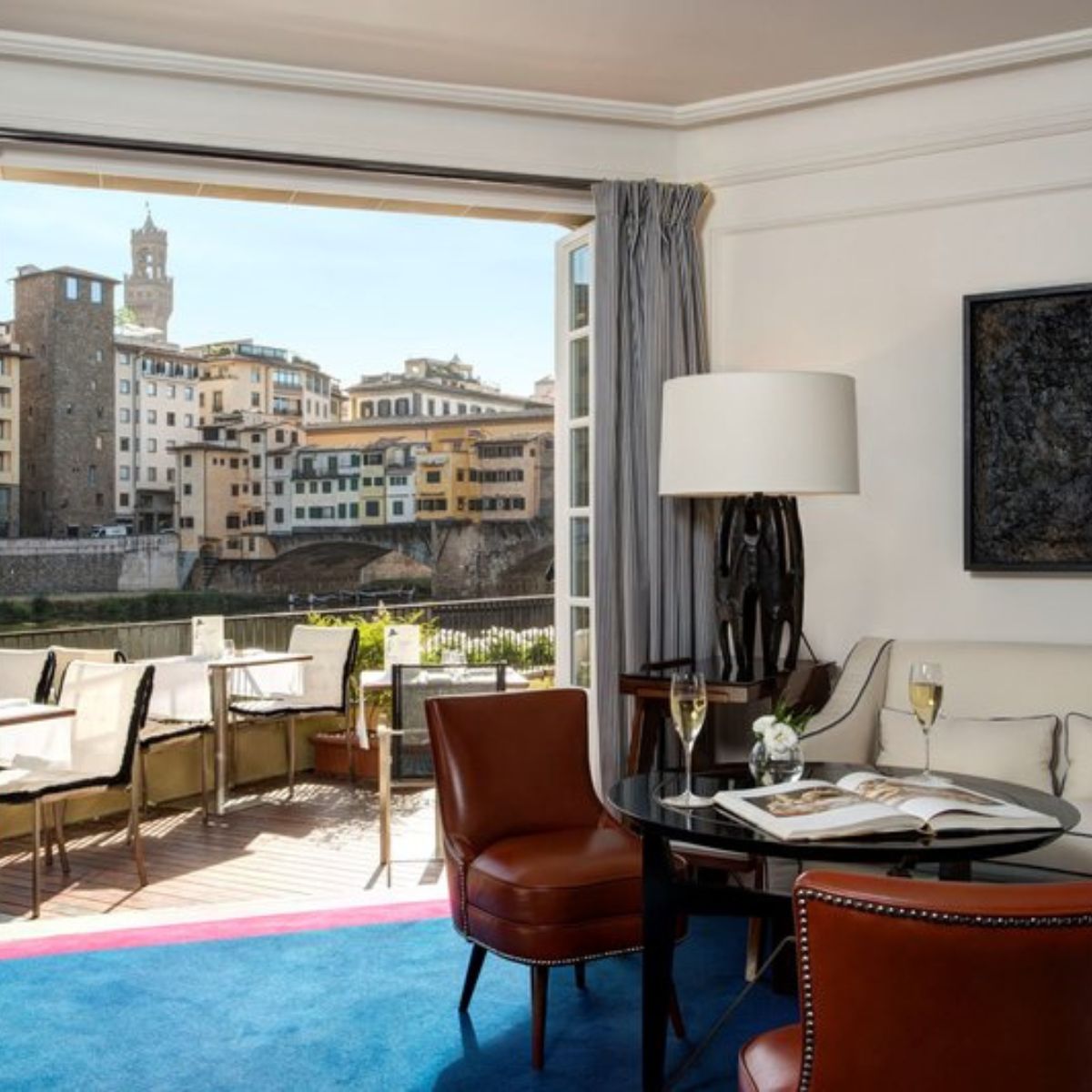 hotel room with a balcony overlooking the Arno River
