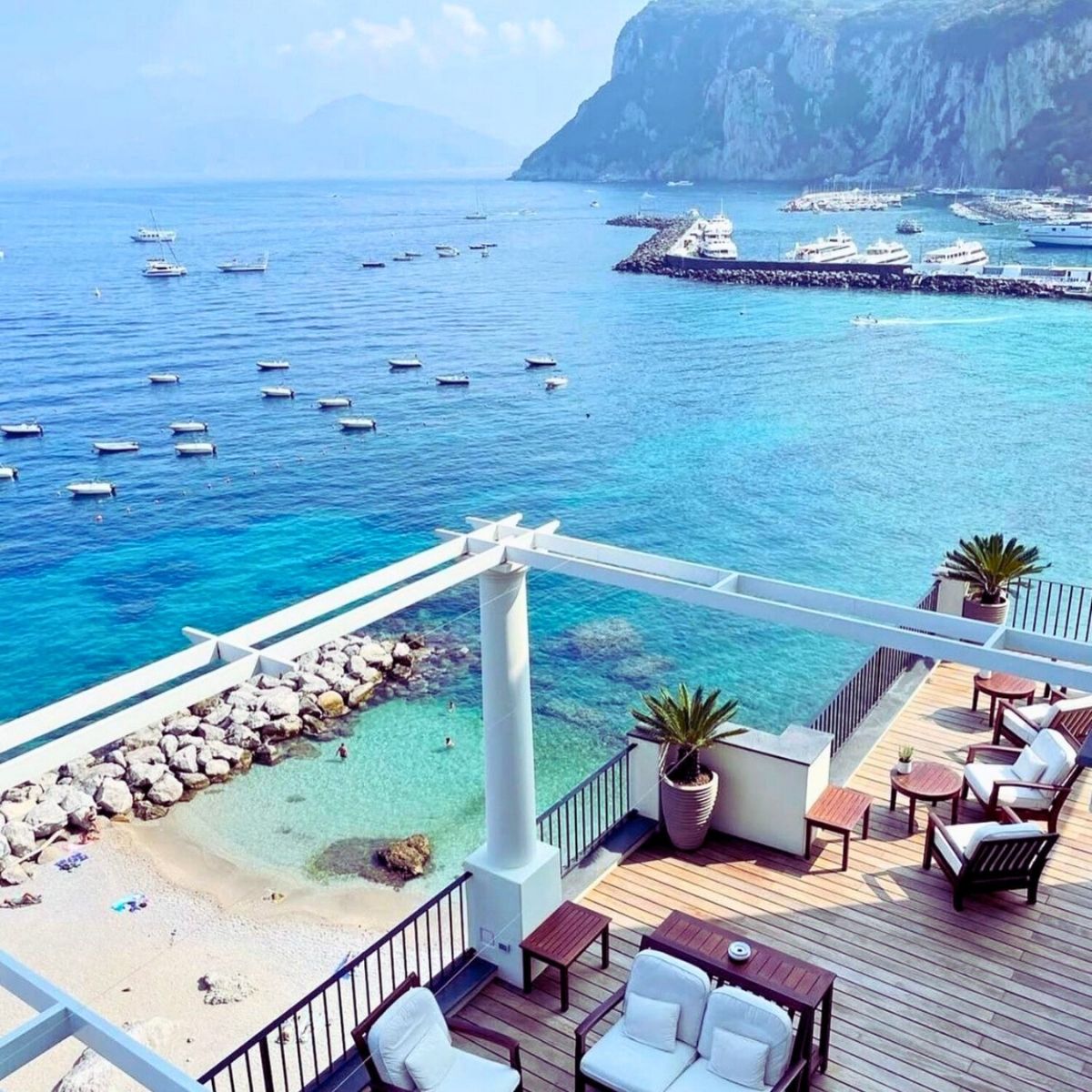 patio overlooking the bay in Capri with a beach