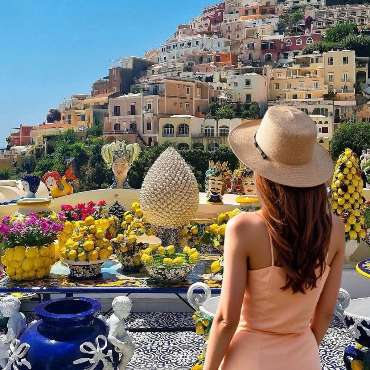 female posing in front of colorful ceramics in positano