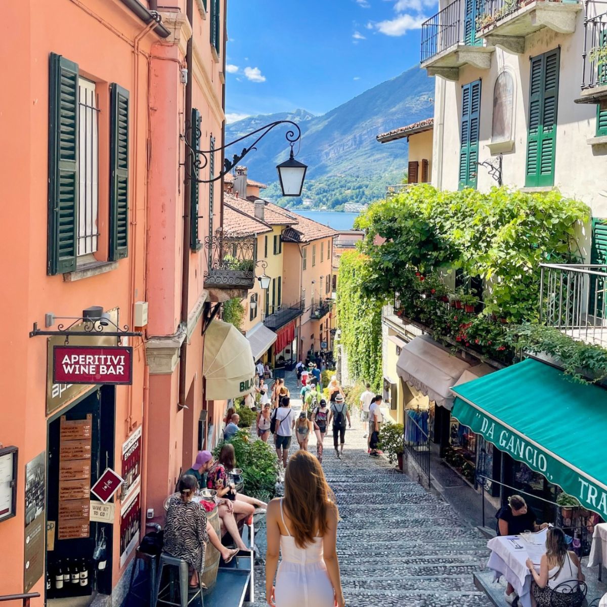 female going down the stairs in Bellagio Lake Como