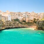 green sea and beach with cliffs and building in the background