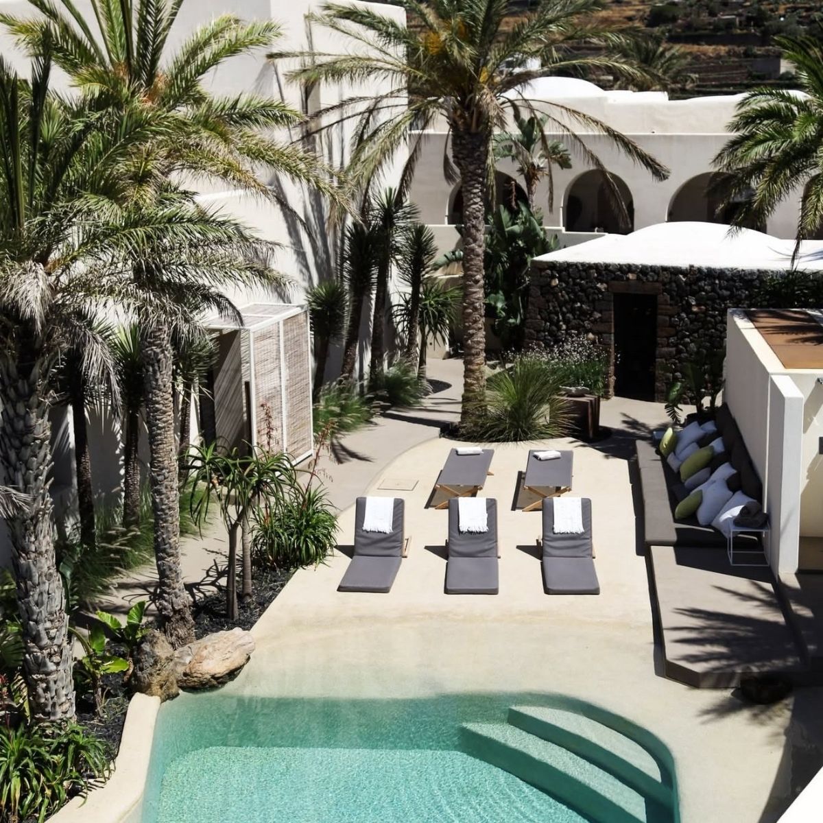 pool in a courtyard surrounded by white buildings and palm trees