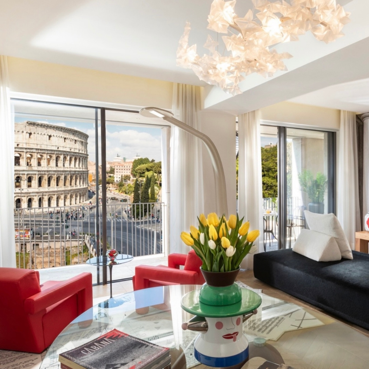 Modern living room with city view at Palazzo Manfredi Rome hotel