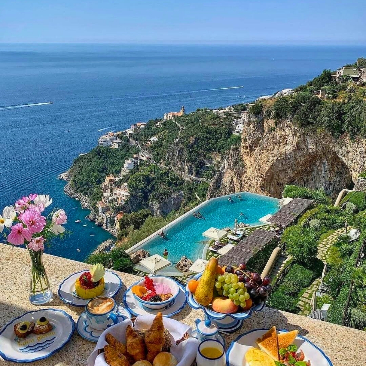 Monastero Santa Rosa cliffside gardens and pool