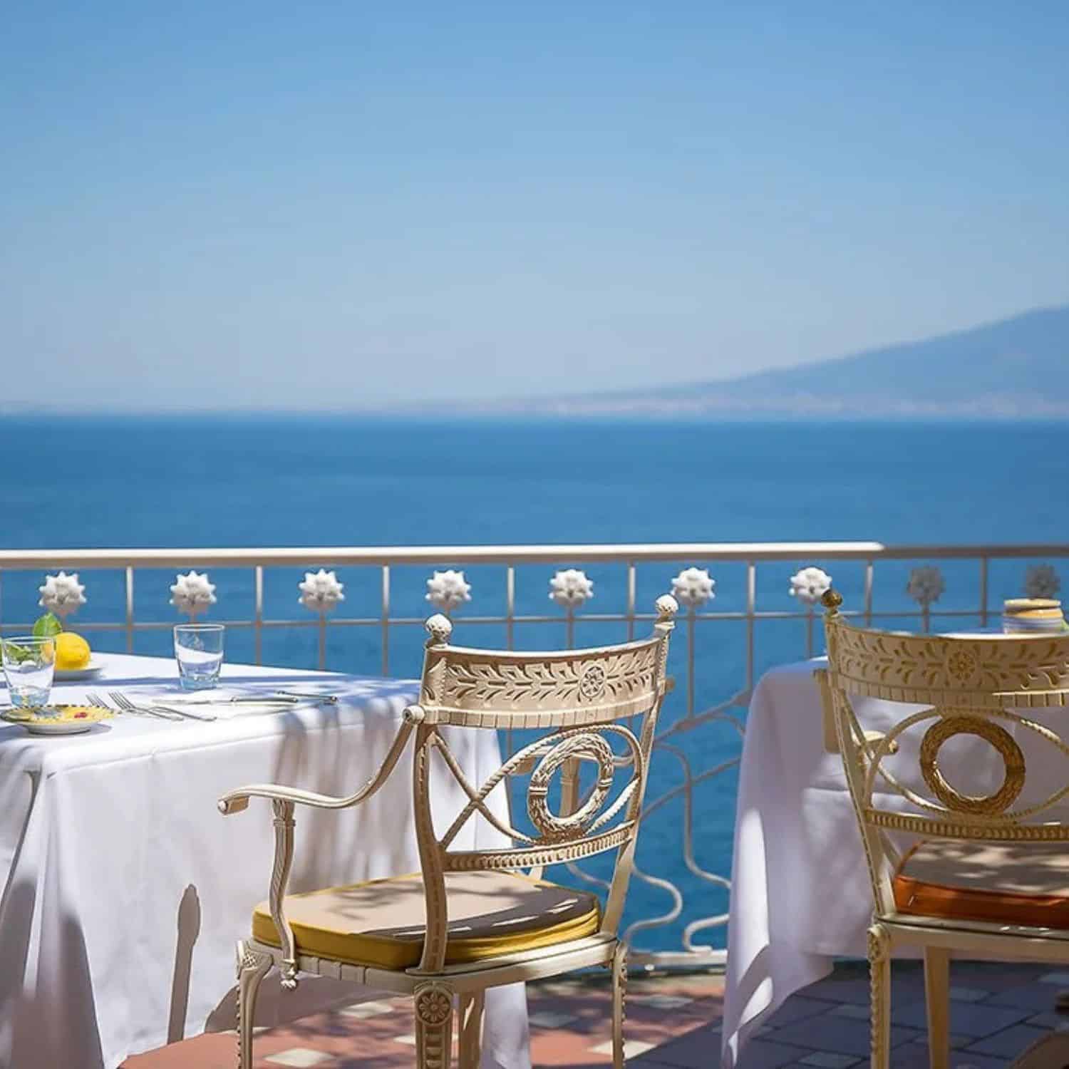 Hotel Bellevue Syrene Sorrento terrace with sunset view over the Bay of Naples
