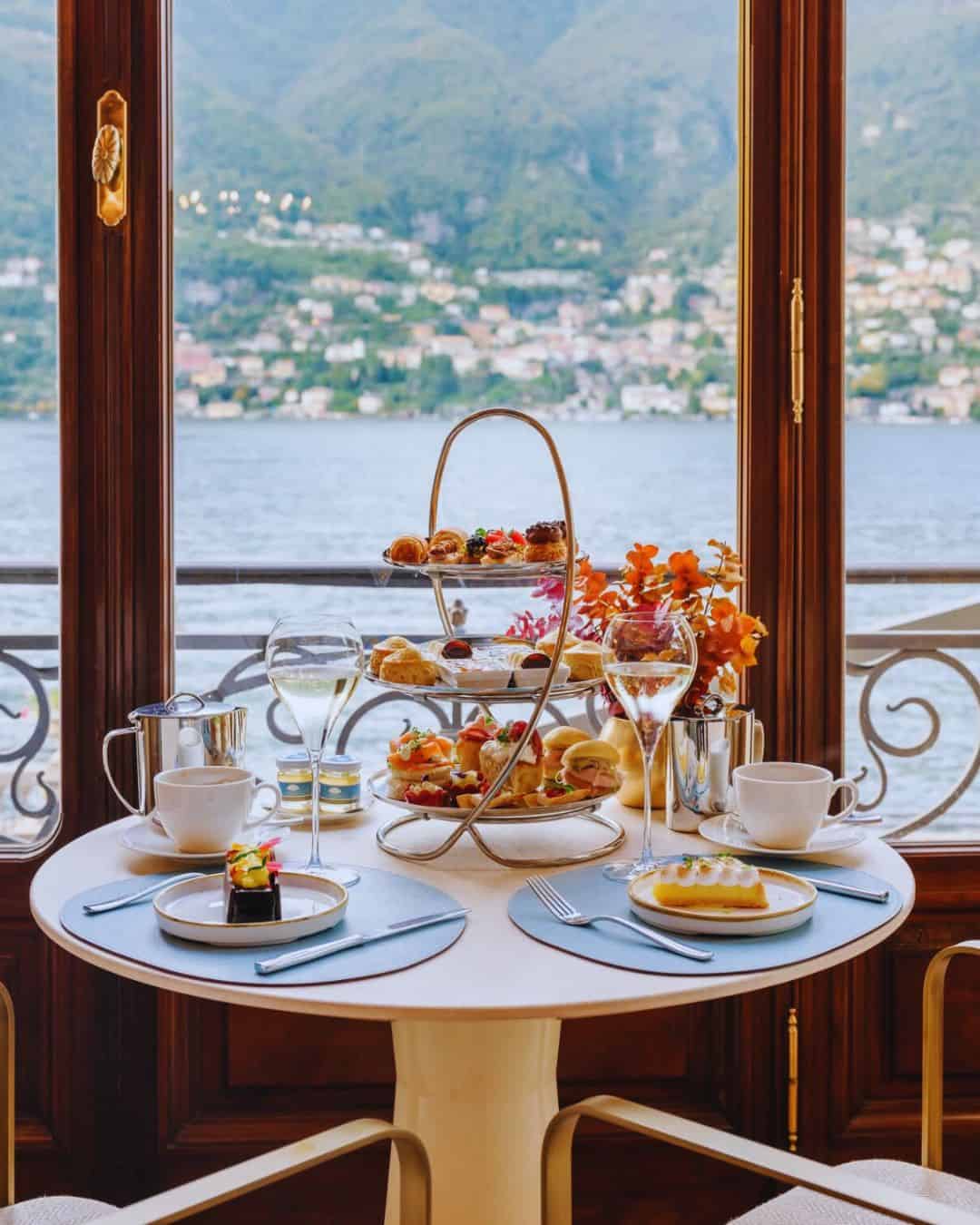 Mandarin Oriental Lake Como infinity pool with fall foliage on surrounding hills